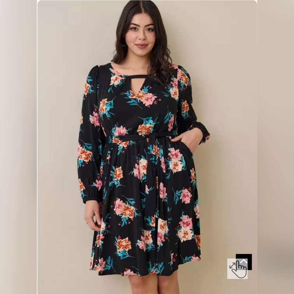 Torrid Women's Mini Stretch Challis Floral Dress Black Green & Terracotta Sz 2X
